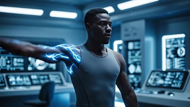 man raising one arm while internal neural signals activate along the limb, illustrating coordinated motor control, muscle response and real-time nervous system function in a futuristic environment