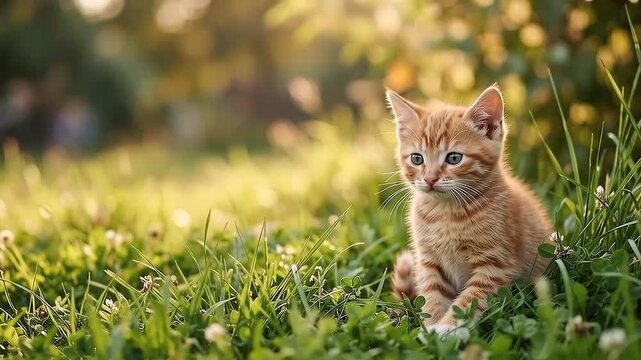 Cinematic slow motion of a cute orange tabby kitten sitting in green grass, golden hour, with copy space