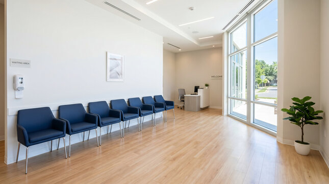 Minimalist Medical Clinic Waiting Room with Blue Chairs
