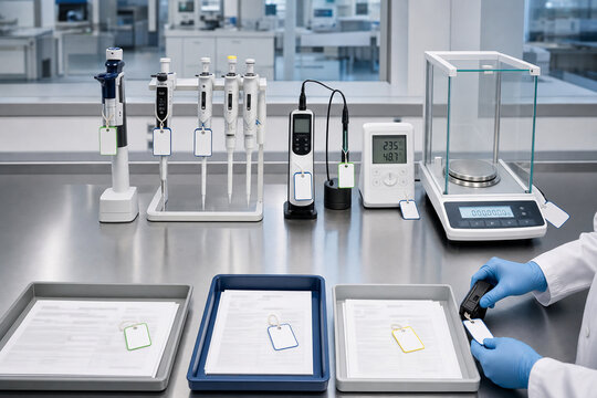 Modern laboratory bench with pipettes, analytical balance, labeled tags, documents, and gloved technician hands for quality control workflow.