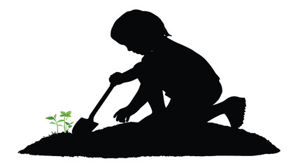 Child silhouette kneels on the ground while using a small shovel to plant a new seedling in the soil. © Sadee Girl