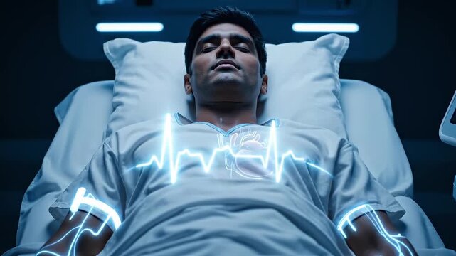 patient front view lying on bed as heart pulses travel across chest in medical scan room, illustrating vital monitoring, cardiac activity, bioelectric signals and healthcare diagnostics
