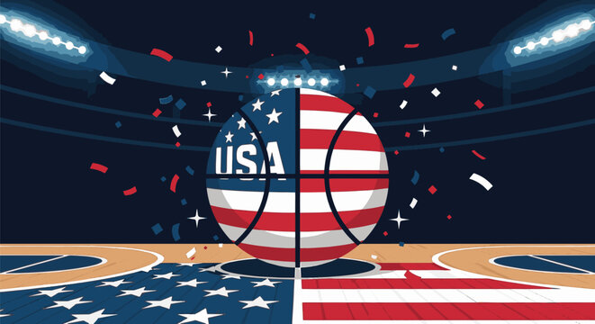 Flat vector illustration of a basketball with the USA flag stars and stripes pattern and USA text on a court in a lit sports arena with falling red, white, and blue confetti.