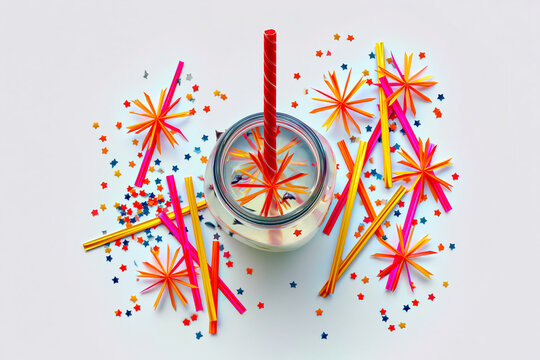 Lemonade in Mason Jar with Confetti and Colorful Festival Strips