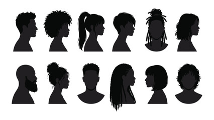 Head silhouettes display diverse hairstyles and profile views for a collection of human portraits. © Sadee Girl