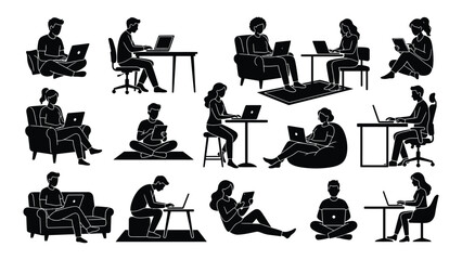 Professionals silhouettes work on laptops and portable devices in various office and home seating arrangements. © Sadee Girl