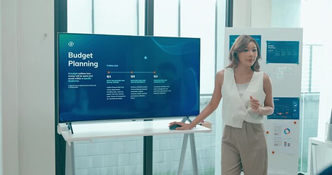 Group of Asian businesspeople work together leads business meeting uses presentation TV with revenue, profit or sale statistics in office. Financial generation z team brainstorm on e-Commerce project.