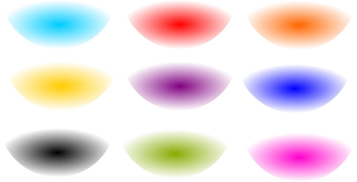 Abstract design element collection featuring a grid layout of soft oval vignettes and blurred radial gradient shapes in a variety of vibrant neon colors isolated on a white background.