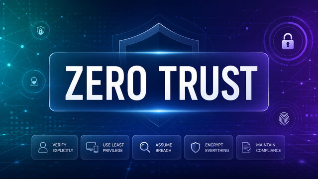 Futuristic cybersecurity banner with zero trust text, shield, lock, fingerprint, network lines, and blue purple digital interface elements.