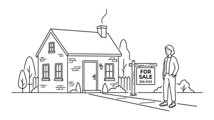 House for sale stands with a realtor or owner waiting on the front lawn for prospective buyers. © Sadee Girl