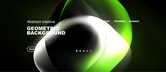 Naklejka premium Abstract design features flowing shapes, vibrant colors, dark background. Text elements include geometric background, navigation options.
