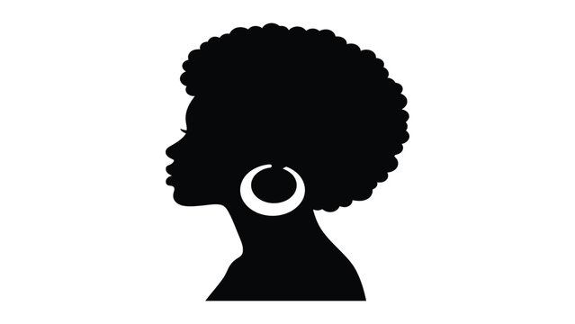 Woman silhouette with afro hairstyle and large hoop earrings is presented in a minimalist black and white style.