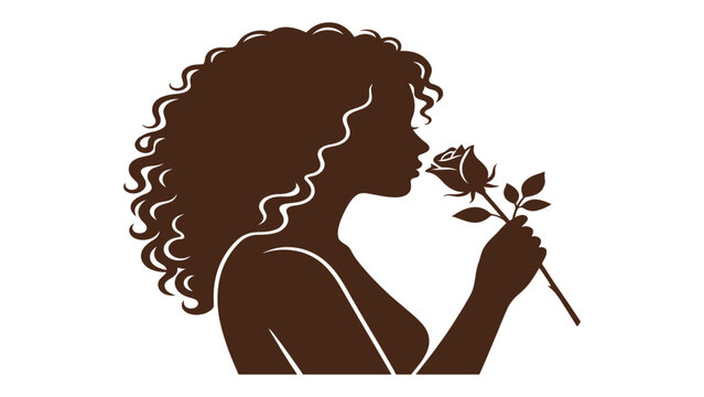 Woman silhouette with long wavy hair holds a single rose to her nose to signify romance and floral beauty.
