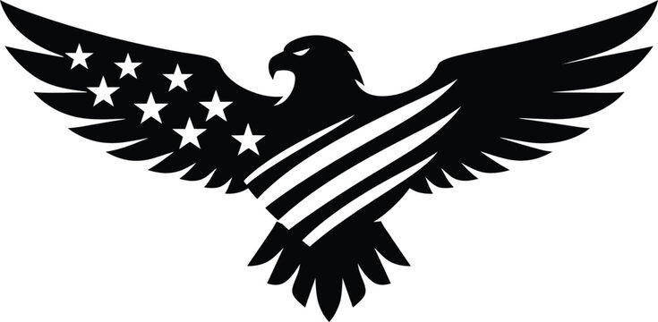 American Eagle Silhouette Vector with USA Flag Elements, Stars and Stripes Wings, Symbol of Strength, Freedom, and Patriotism for National Design Themes