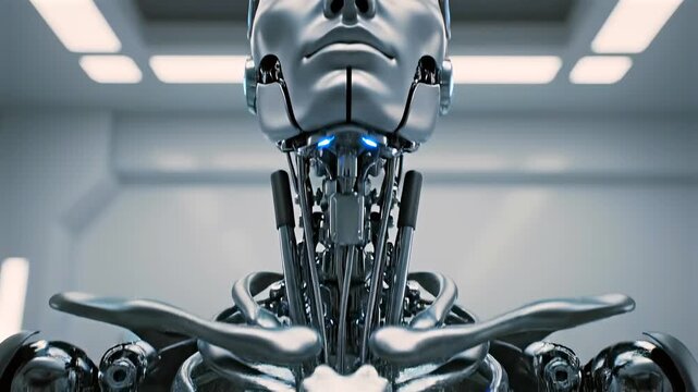 biomechanical body as internal structures power down momentarily and reset into a neutral state, visualizing system stabilization, recalibration and controlled shutdown in a futuristic environment