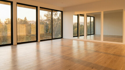 Fototapeta premium Minimalist Wooden Yoga Studio Interior at Warm Sunrise 