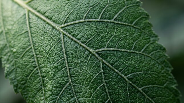 Close-up of a vibrant green leaf with intricate vein patterns.