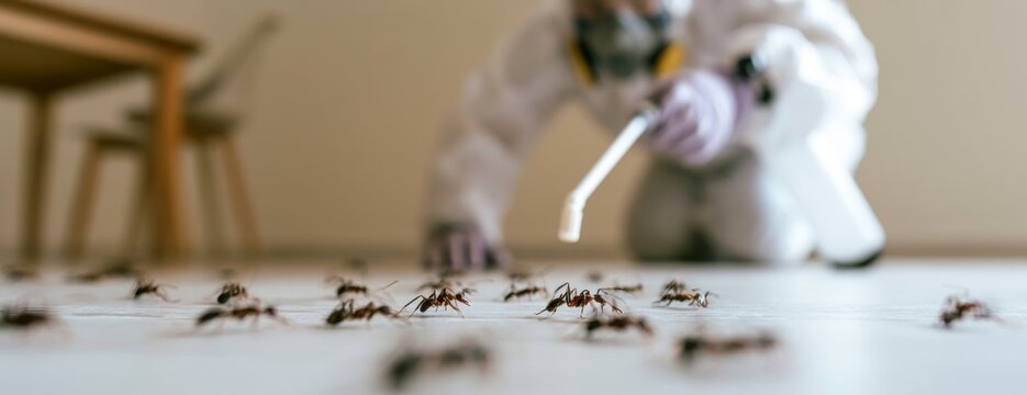 Exterminator wearing jumpsuit and respirator treating ants in home  
