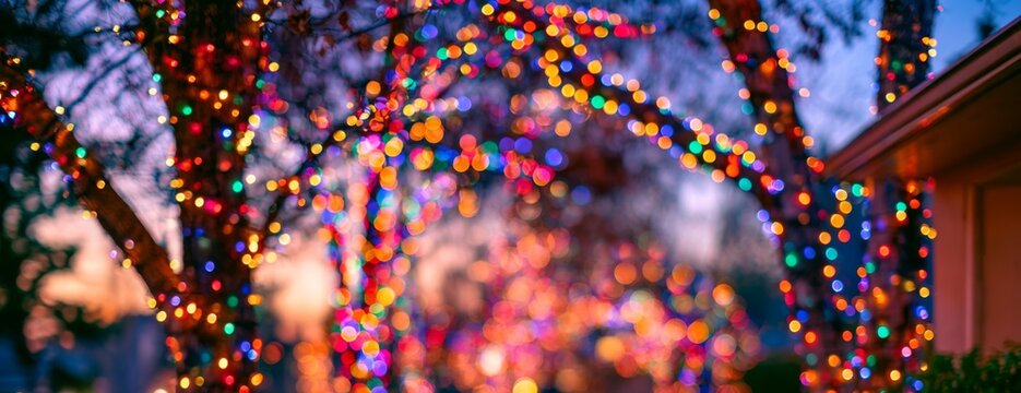 Colorful trees adorned with festive lights at sunset during holiday season  