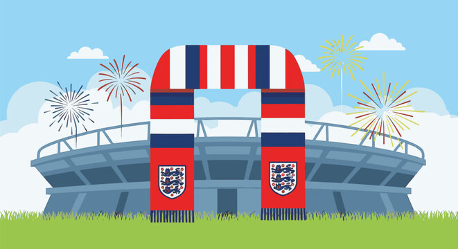Flat vector illustration of a large soccer stadium with a red and white England football fan scarf in the foreground, featuring colorful fireworks in a blue sky over green grass.