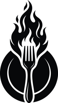 Fork over burning plate icon vector culinary emblem for hot food dishes.