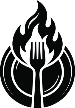 Fork over burning plate icon vector culinary emblem for hot food dishes.