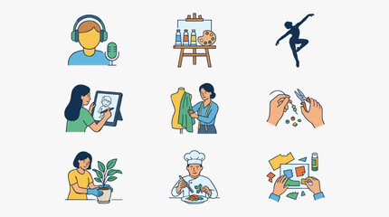Fototapeta premium Flat Design Icons of Diverse Hobbies and Artistic Expression: Singing, Painting, Dancing, Digital Art, Fashion Design, Jewelry Making, Gardening, Cooking, and Collage
