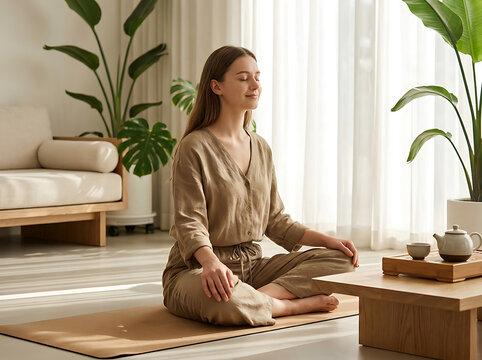Young woman meditating at home. Female practicing yoga on mat. Calm person finding inner peace daily.
