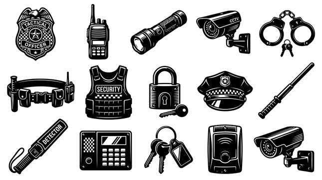 Black and White Vintage Vector Illustration of Security and Law Enforcement Equipment Set