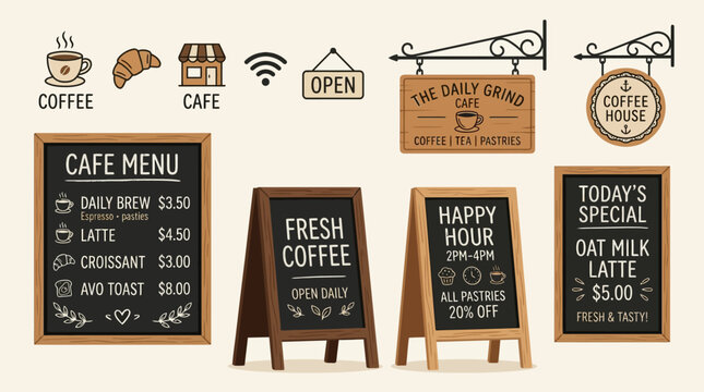 Flat vector cafe signage and chalkboards icons, hand-drawn chalk lettering icons, wooden sandwich boards, and hanging sign brackets, minimalist vector style

