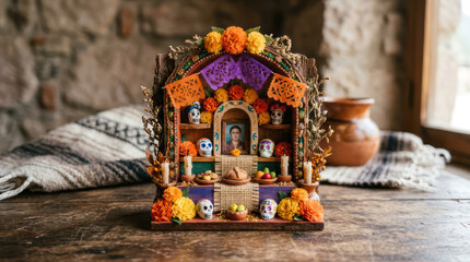 Day of the Dead altar with skulls and marigolds.