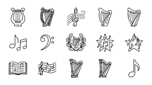Hand Drawn Musical Instruments and Symbols: Harps, Notes, Clefs, Book