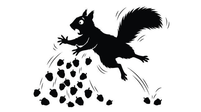 Funny squirrel silhouette jumping with falling acorns, black and white cartoon squirrel character, expressive animal vector illustration for autumn designs