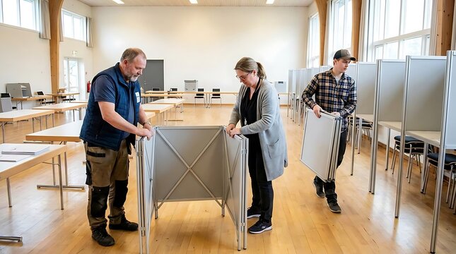 Election workers assemble voting booths in large hall preparation for polling day
