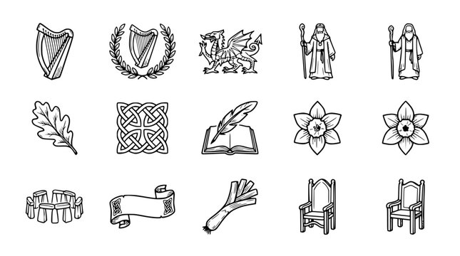 Celtic Symbols and Icons Collection: Harp, Dragon, Knotwork, Stonehenge, Bard, Leek, Daffodil