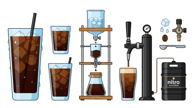 Flat vector iced and cold brew coffee assets, glasses with ice cubes and condensation, cold brew drippers, and nitro taps, clean minimalist style on white background

