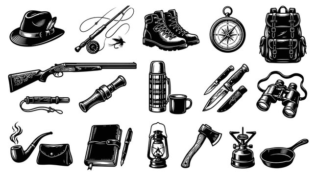 Vintage Outdoor Adventure Gear - Black and White Line Art Vector Icons