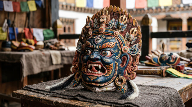 Intricate Tibetan mask with fierce expression displayed for sale.
