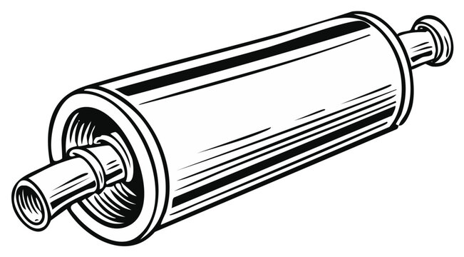 Stylized Illustration of a Vintage Metal Exhaust Muffler with Visible Internal Baffles