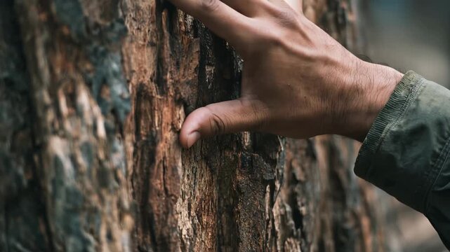 Hand exploring textured tree bark with cinematic motion during daylight