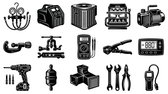 HVAC Tools and Equipment Icons Set. Heating, Ventilation, Air Conditioning and Refrigeration Black  White Glyphs