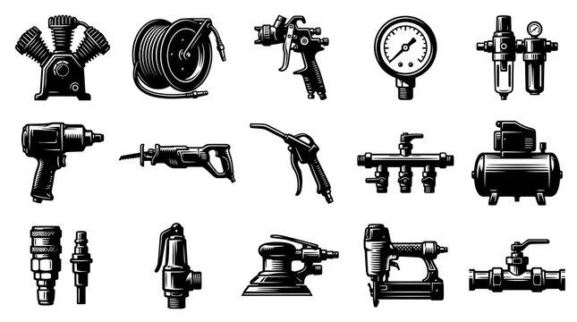 Black and White Vintage Engraving Style Pneumatic Air Tools and Industrial Equipment Illustration Set