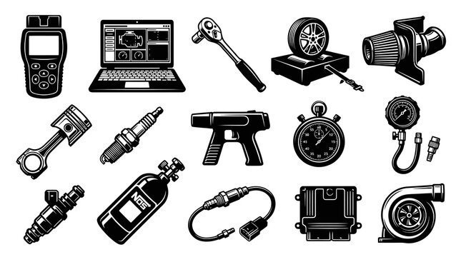 Automotive Tools and Parts Collection - Black and White Vector Icons