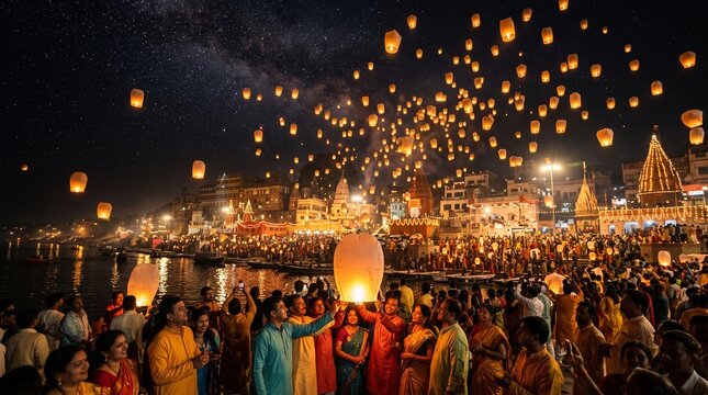 Vibrant indian festival with lanterns released into night sky