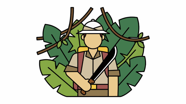 Flat Vector Illustration of a Jungle Explorer Character in Pith Helmet Carrying Machete, Surrounded by Lush Green Tropical Leaves and Vines, Adventure Concept