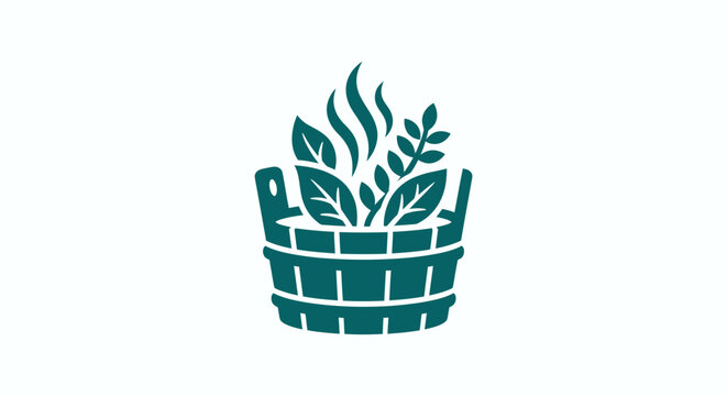 Sauna Wooden Bucket with Steaming Herbal Leaves Icon