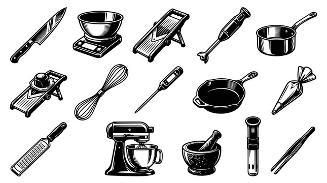 Classic Black and White Line Art Vector Set of Essential Kitchen Cooking Utensils and Culinary Tools