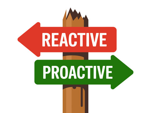 Wooden signpost with red and green arrows showing reactive versus proactive