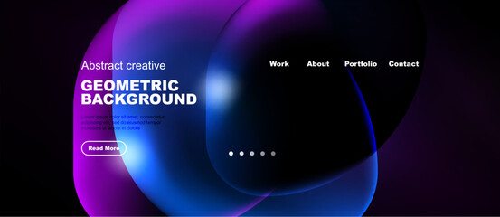Naklejka premium Dark background features vibrant purple, blue shapes. Text includes geometric background, navigation options present. Minimalist design.