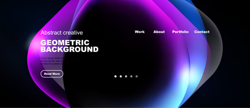 Modern website header design. Vibrant colors blend, creating abstract geometric shapes. Text highlights key sections, inviting user interaction.